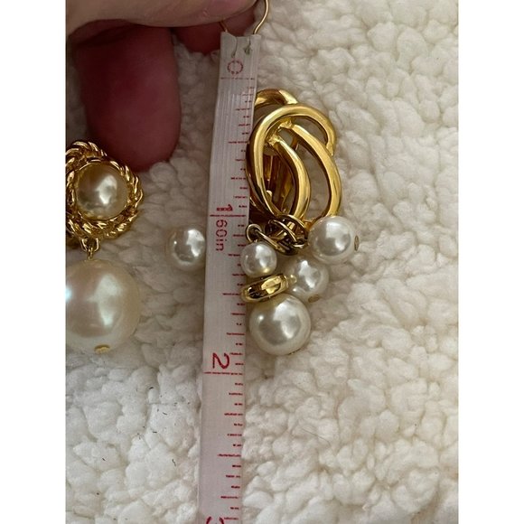 Vintage Gold Tone White Dangle Bead Clip-On Earrings - 2 Pairs - Picture 12 of 13